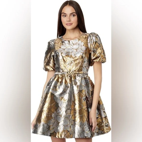 Lilly Pulitzer Priyanka Short Sleeve Dress In Gold Metallic Peony Parade Brocade - Picture 1 of 17